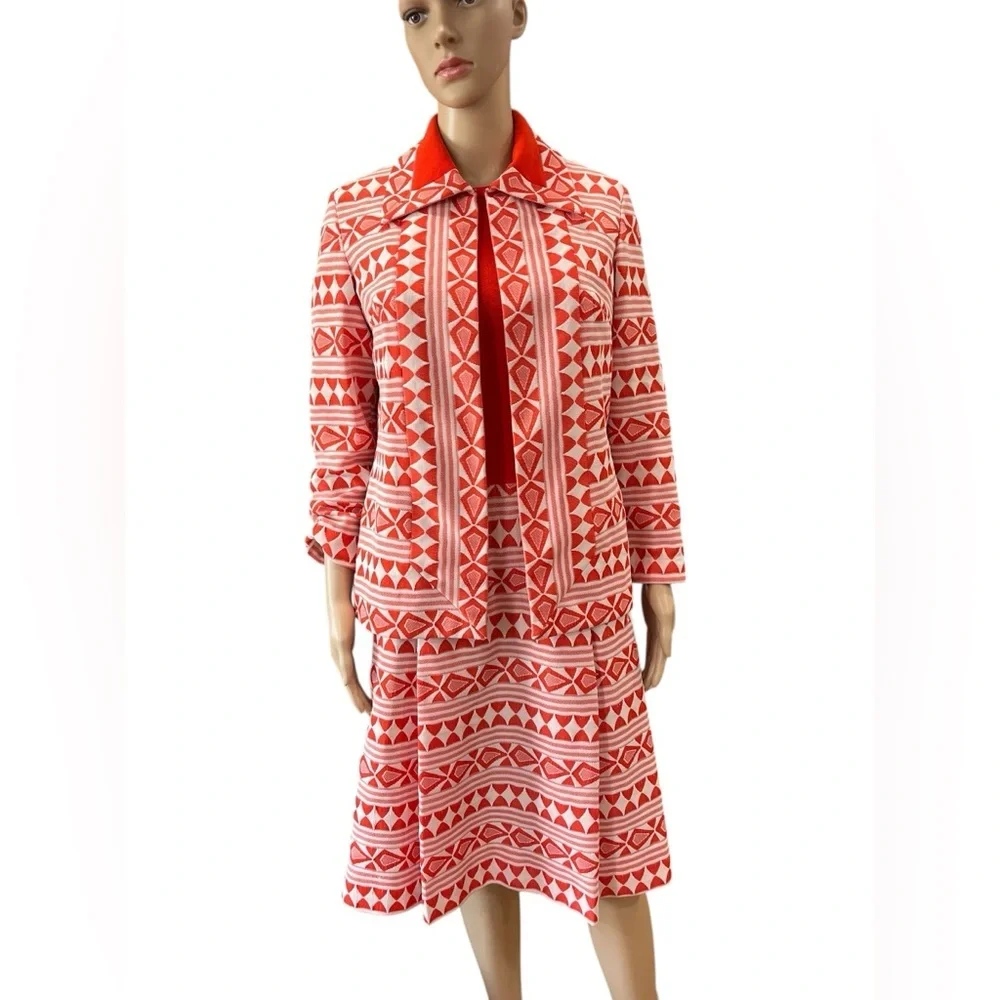 Mod two piece orange and white R&K knits dress jacket set-L 70’s vintage